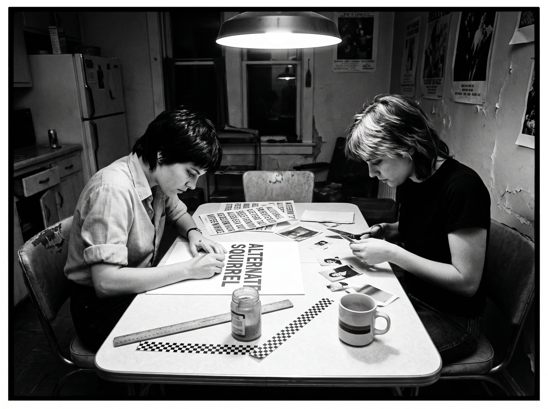 Two women at a kitchen table late at night pasting up a band flyer with rub-down letters, scissors and a coffee mug