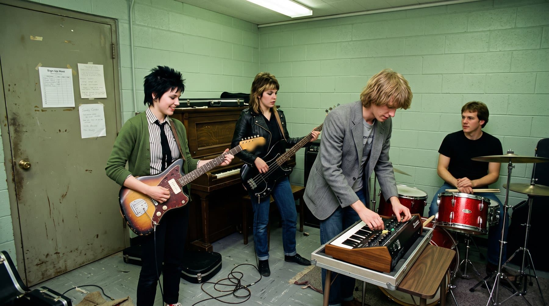 Four young musicians in a cramped university practice room in 1980, two women and two men, a drummer already seated behind his kit